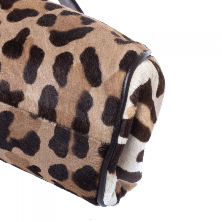 Pre Owned Gianfranco Ferre Brown/Beige Leopard Print Calfhair and Leather Frame Top Handle Bag