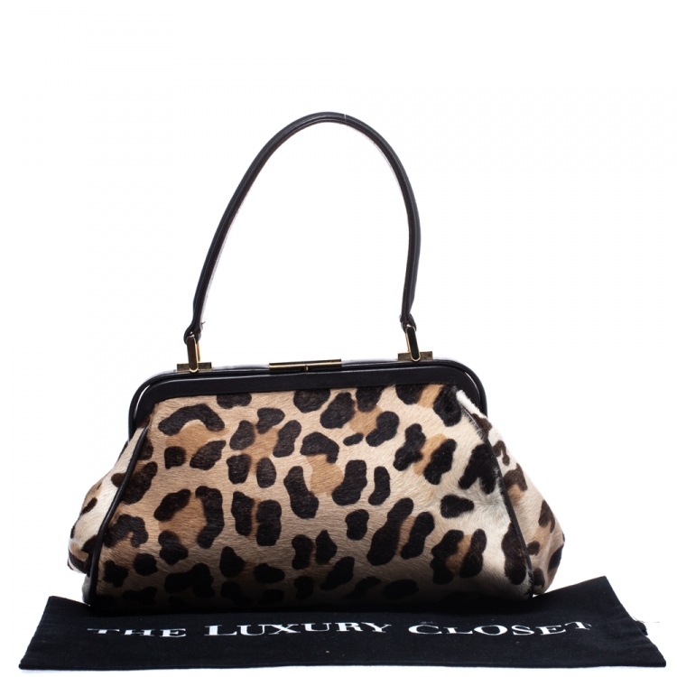 Pre Owned Gianfranco Ferre Brown/Beige Leopard Print Calfhair and Leather Frame Top Handle Bag