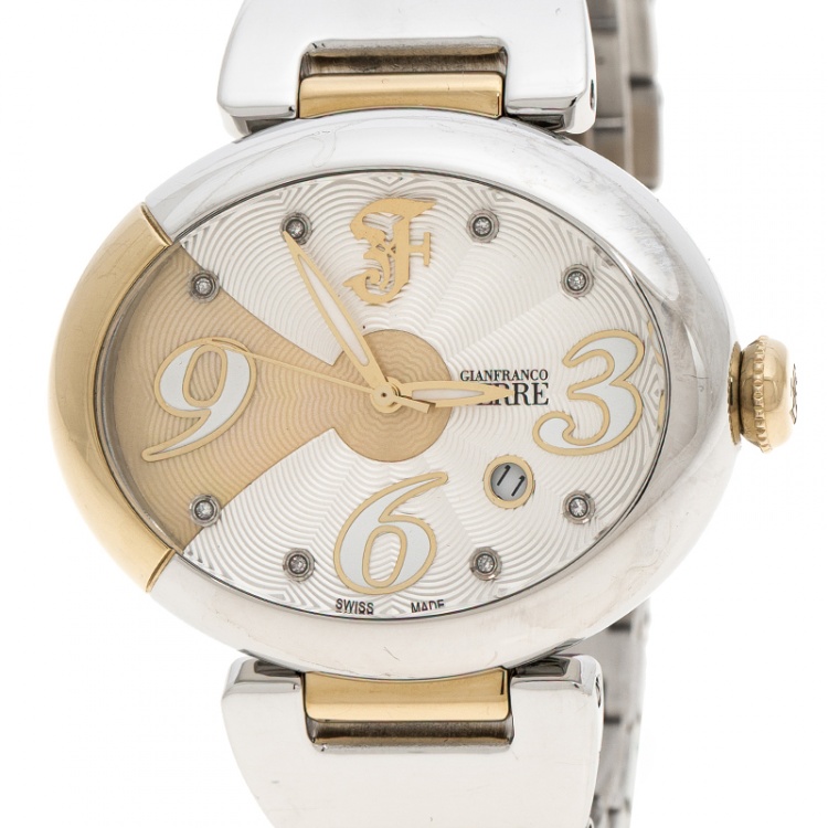 Pre Owned Gianfranco Ferre Silver White Stainless Steel Diamond Collection Oval Watch 44 mm