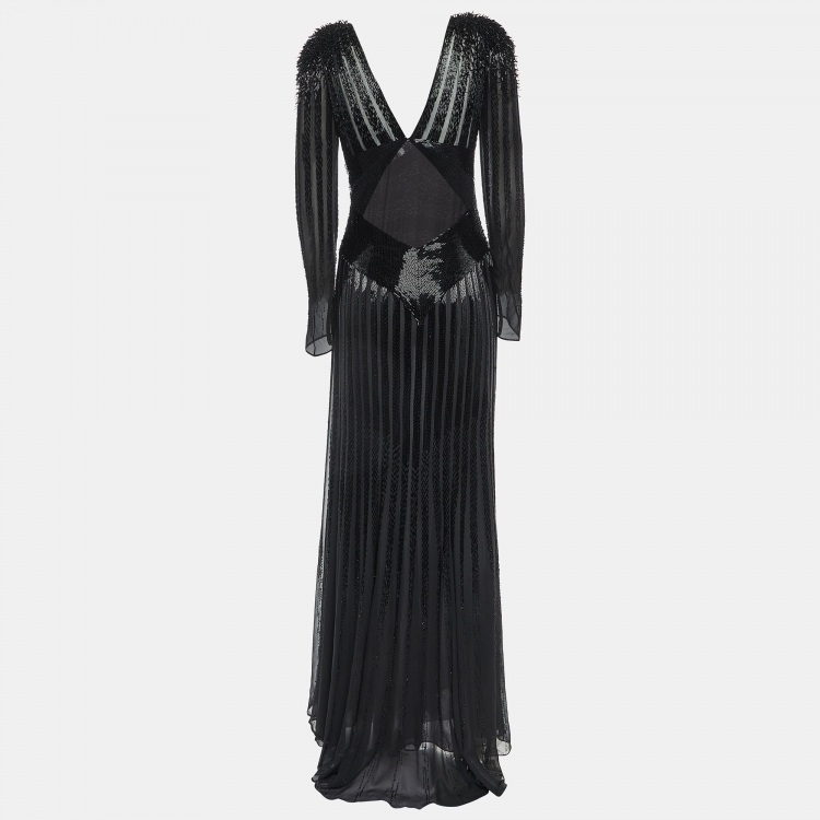 Pre Owned Gianni Versace Vintage Back Embellished Silk V Neck Gown S