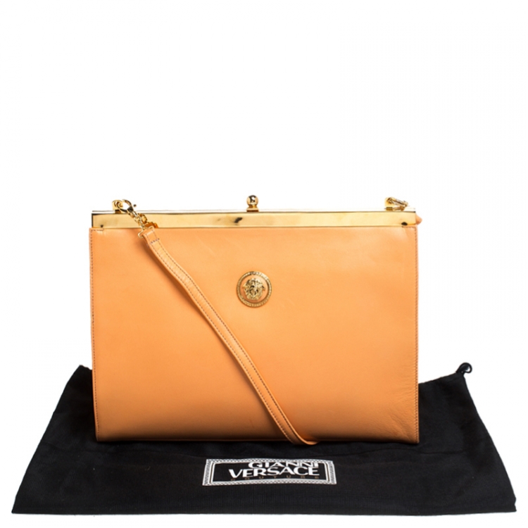 Pre Owned Gianni Versace Light Orange Leather Frame Shoulder Bag
