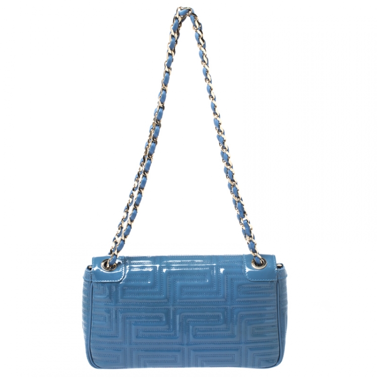 Pre Owned Versace Blue Patent Leather Flap Shoulder Bag