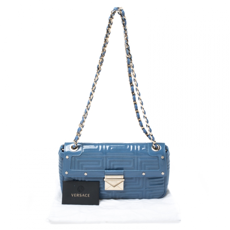 Pre Owned Versace Blue Patent Leather Flap Shoulder Bag