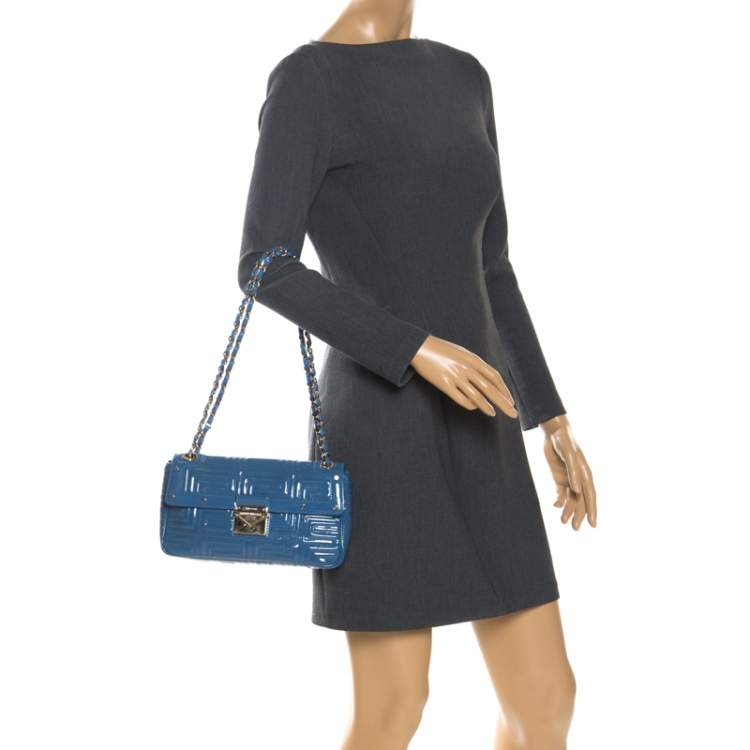 Pre Owned Versace Blue Patent Leather Flap Shoulder Bag