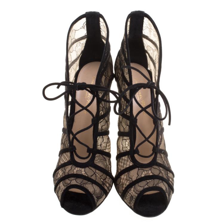 Pre Owned Gianvito Rossi Black Lace And Suede Lace Up Booties Size 39.5