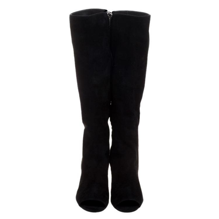 Pre Owned Gianvito Rossi Black Suede Open Toe Knee High Boots Size 37