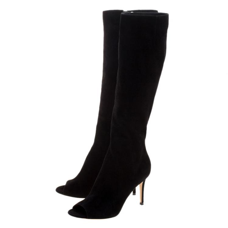 Pre Owned Gianvito Rossi Black Suede Open Toe Knee High Boots Size 37