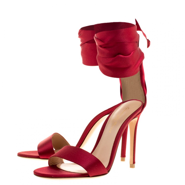 Pre Owned Gianvito Rossi Red Satin Gala Ankle Wrap Open Toe Sandals Size 35.5