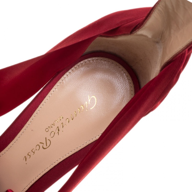 Pre Owned Gianvito Rossi Red Satin Gala Ankle Wrap Open Toe Sandals Size 35.5