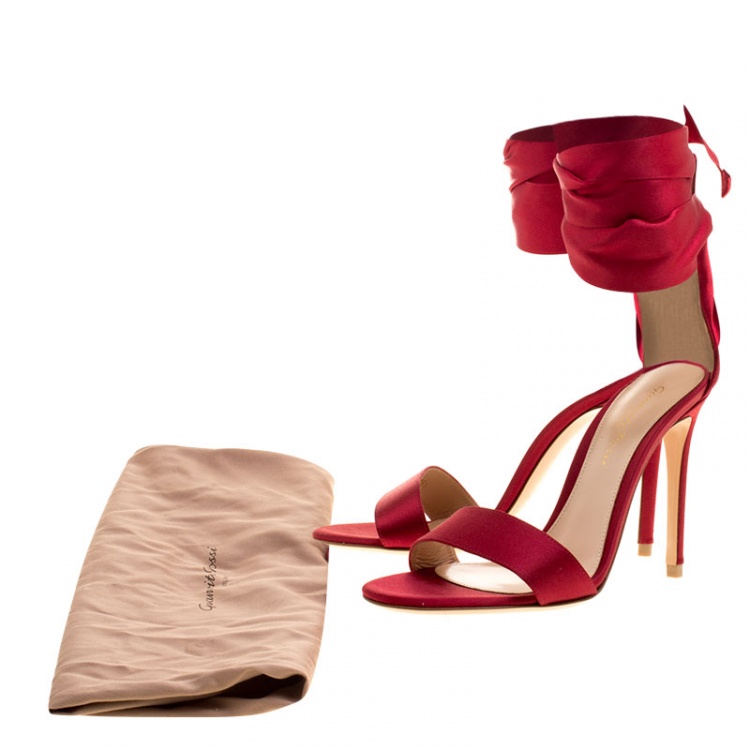 Pre Owned Gianvito Rossi Red Satin Gala Ankle Wrap Open Toe Sandals Size 35.5
