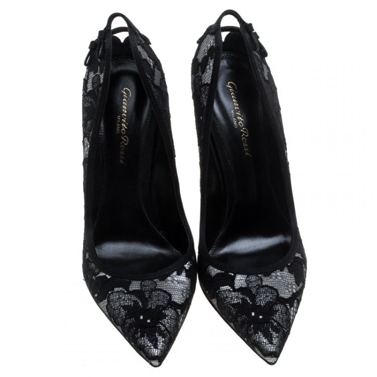 Pre Owned Gianvito Rossi Black Satin and Lace Pointed Toe Pumps Size 38