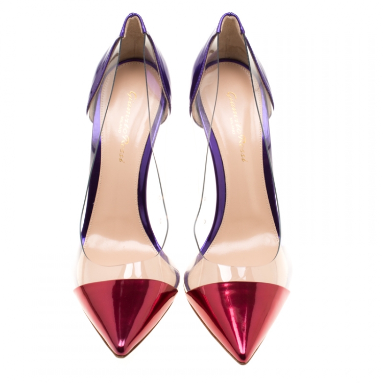 Pre Owned Gianvito Rossi Metallic Two Tone Mirror Leather And PVC Plexi Pointed Toe Pumps Size 39.5