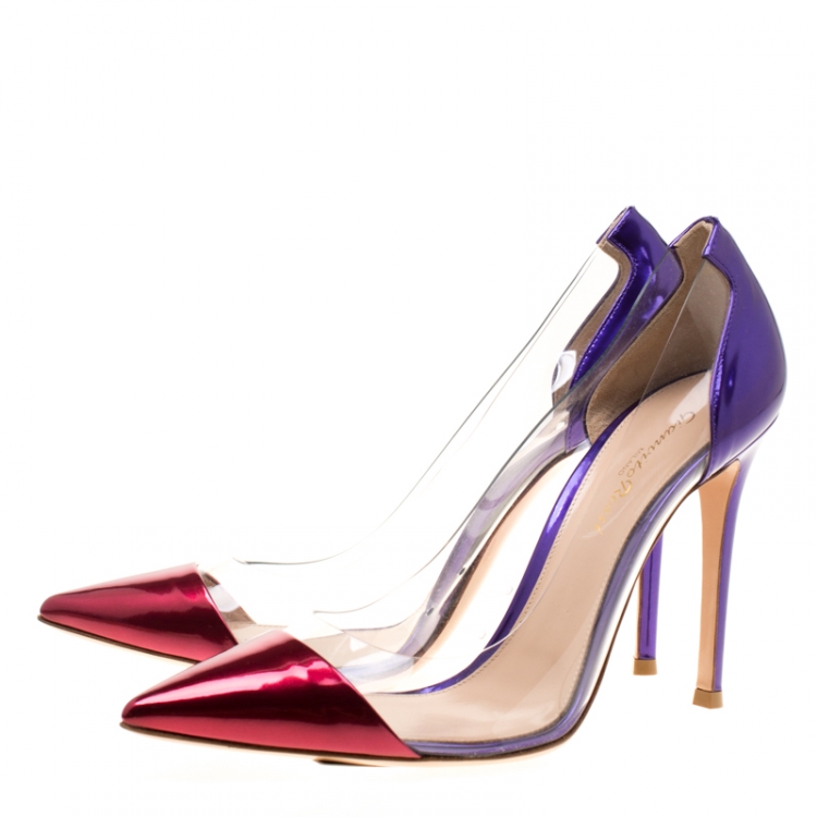 Pre Owned Gianvito Rossi Metallic Two Tone Mirror Leather And PVC Plexi Pointed Toe Pumps Size 39.5