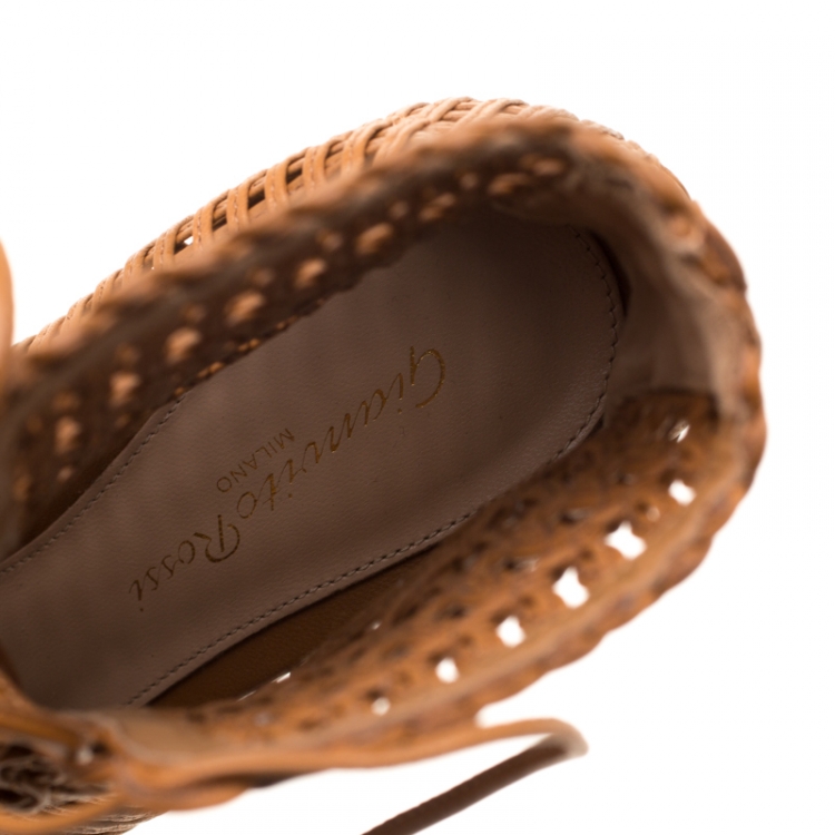 Pre Owned Gianvito Rossi Brown Macrame Leather Peep Toe Booties Size 36