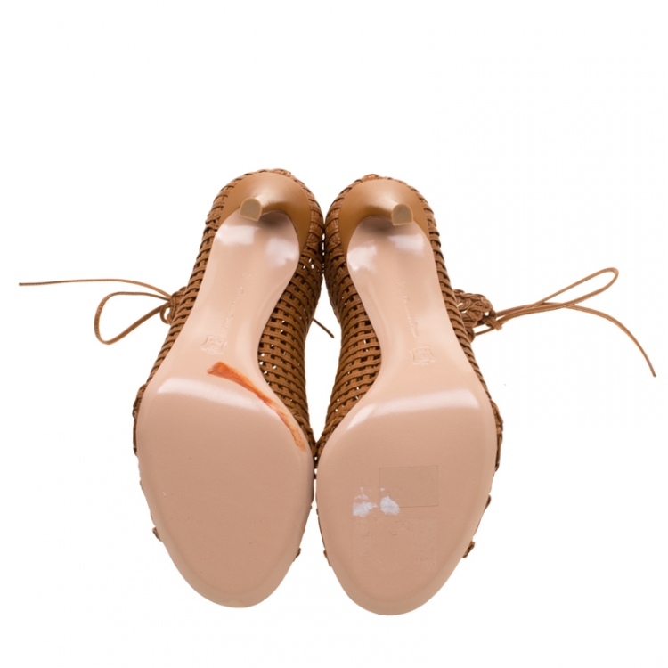 Pre Owned Gianvito Rossi Brown Macrame Leather Peep Toe Booties Size 36