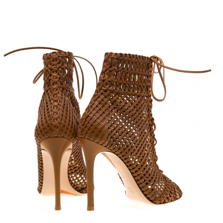 Pre Owned Gianvito Rossi Brown Macrame Leather Peep Toe Booties Size 36