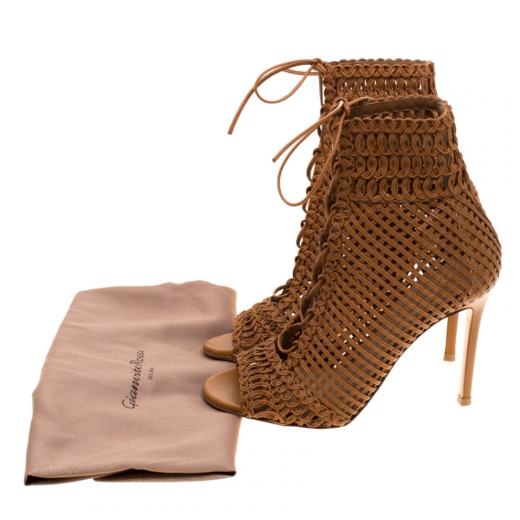 Pre Owned Gianvito Rossi Brown Macrame Leather Peep Toe Booties Size 36