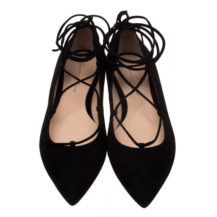 Pre Owned Gianvito Rossi Black Suede Femi Ankle Wrap Pointed Toe Flats Size 39