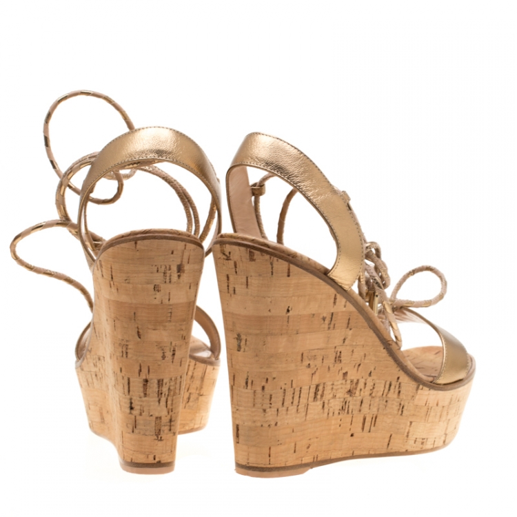 Pre Owned Gianvito Rossi Metallic Gold Leather Ankle Wrap Cork Wedge Sandals Size 37