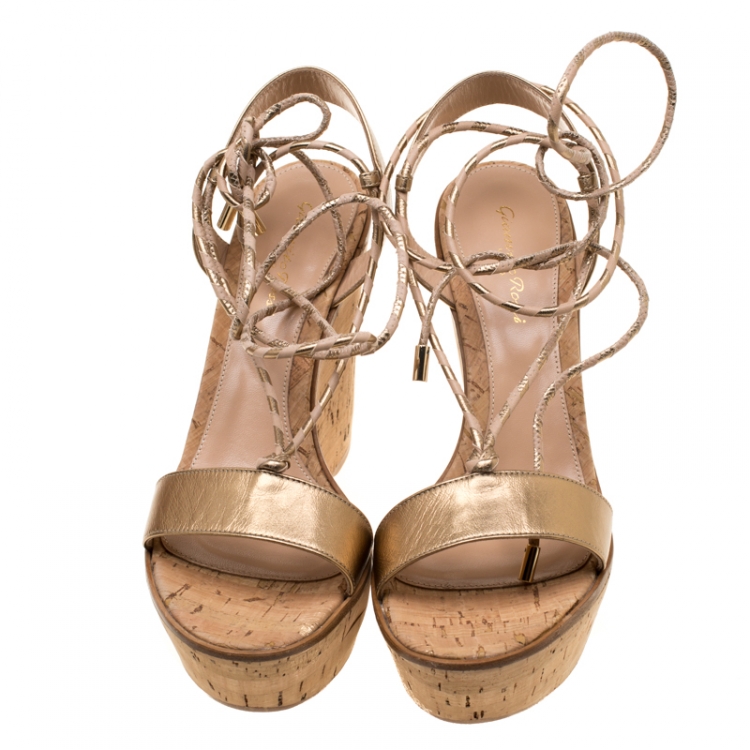 Pre Owned Gianvito Rossi Metallic Gold Leather Ankle Wrap Cork Wedge Sandals Size 37