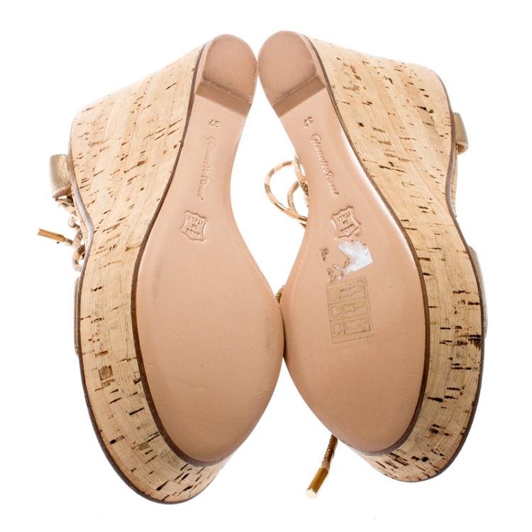 Pre Owned Gianvito Rossi Metallic Gold Leather Ankle Wrap Cork Wedge Sandals Size 37