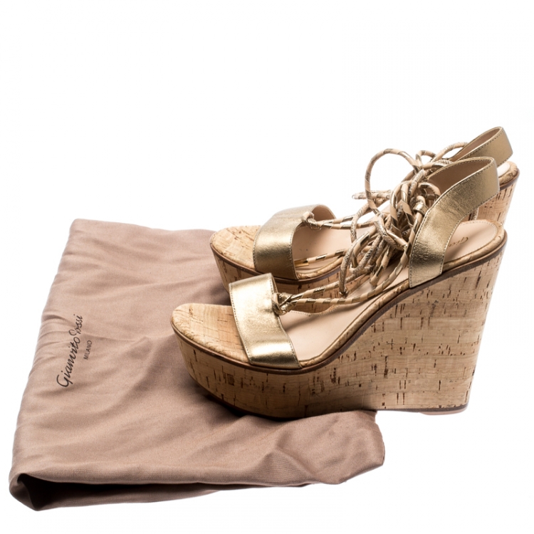 Pre Owned Gianvito Rossi Metallic Gold Leather Ankle Wrap Cork Wedge Sandals Size 37