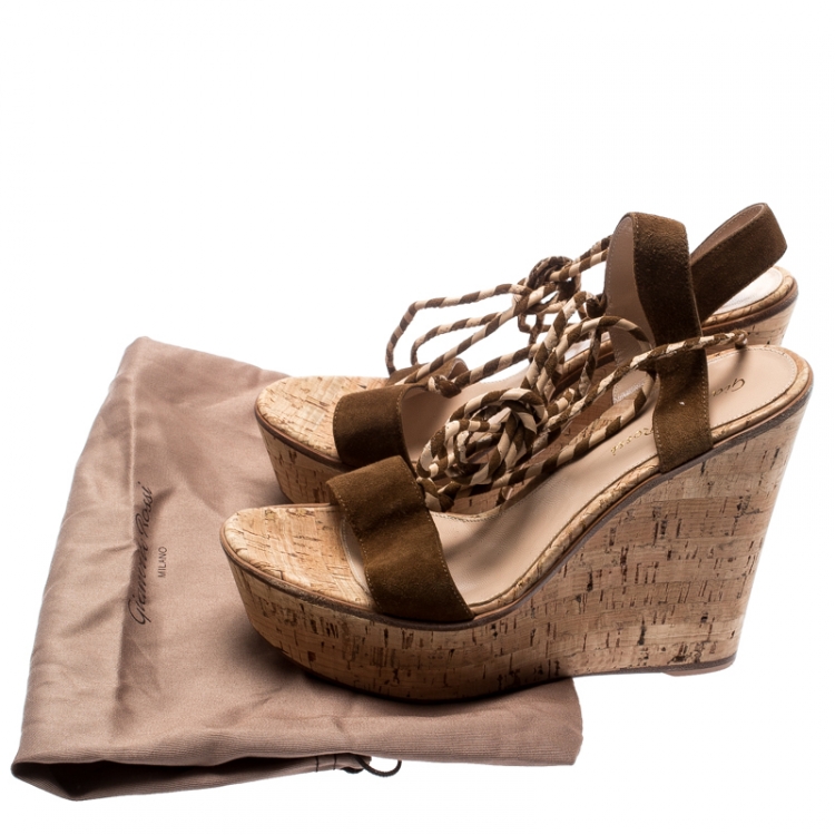 Pre Owned Gianvito Rossi Brown Suede Ankle Wrap Cork Wedge Sandals Size 37.5