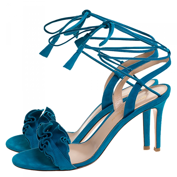 Pre Owned Gianvito Rossi Blue Suede Ruffled Ankle Wrap Sandals Sandals 38