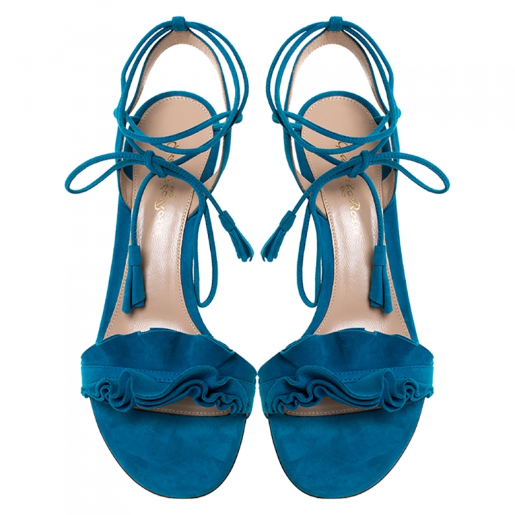 Pre Owned Gianvito Rossi Blue Suede Ruffled Ankle Wrap Sandals Sandals 38