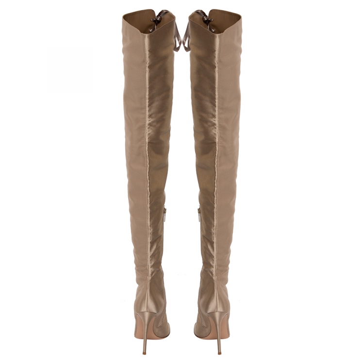 Pre Owned Gianvito Rossi Beige Satin Marie Lace Up Over The Knee Boots Size 40