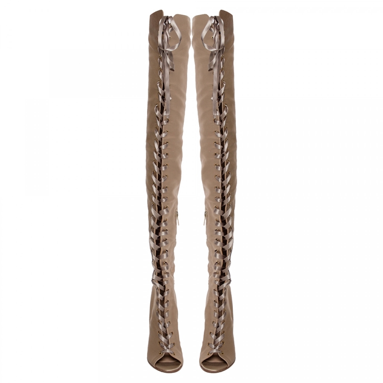 Pre Owned Gianvito Rossi Beige Satin Marie Lace Up Over The Knee Boots Size 40