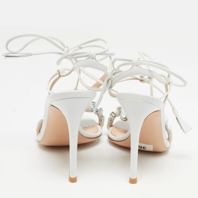 Pre Owned Gianvito Rossi White Ruffled Leather Ankle Wrap Sandals Size 35.5