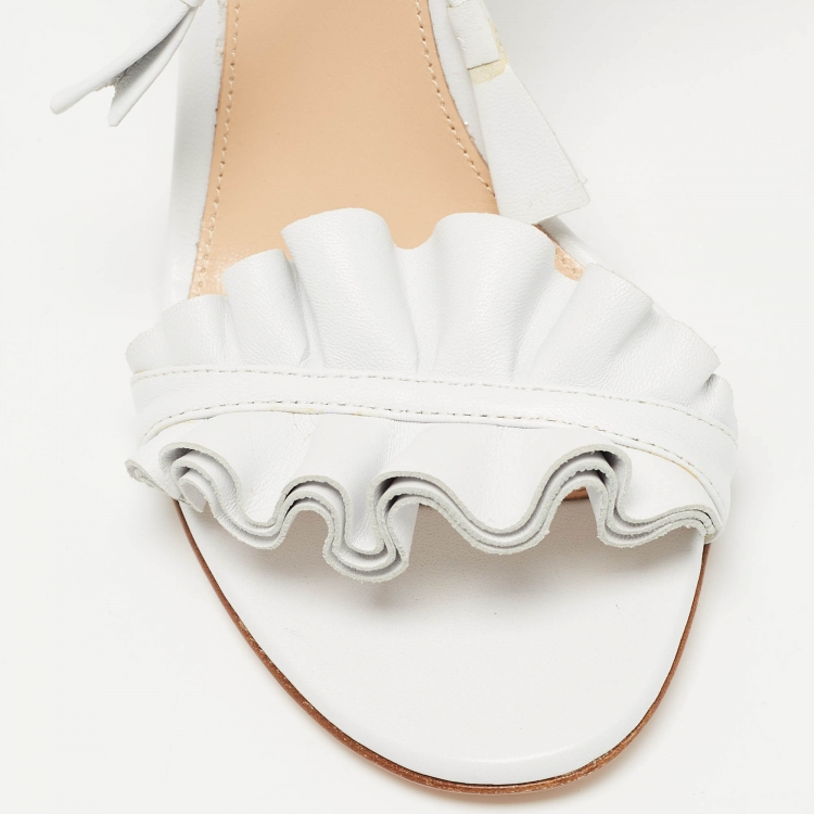 Pre Owned Gianvito Rossi White Ruffled Leather Ankle Wrap Sandals Size 35.5