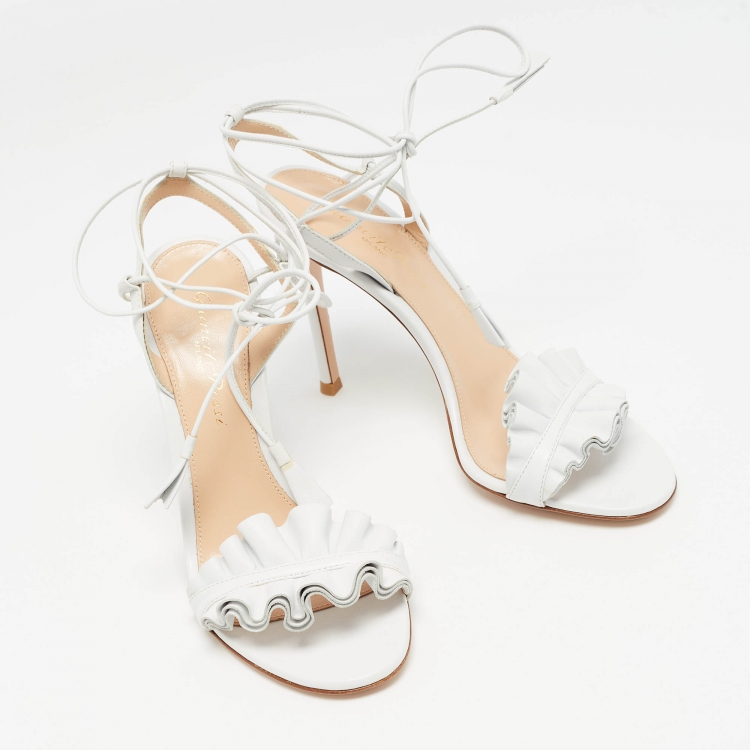 Pre Owned Gianvito Rossi White Ruffled Leather Ankle Wrap Sandals Size 35.5