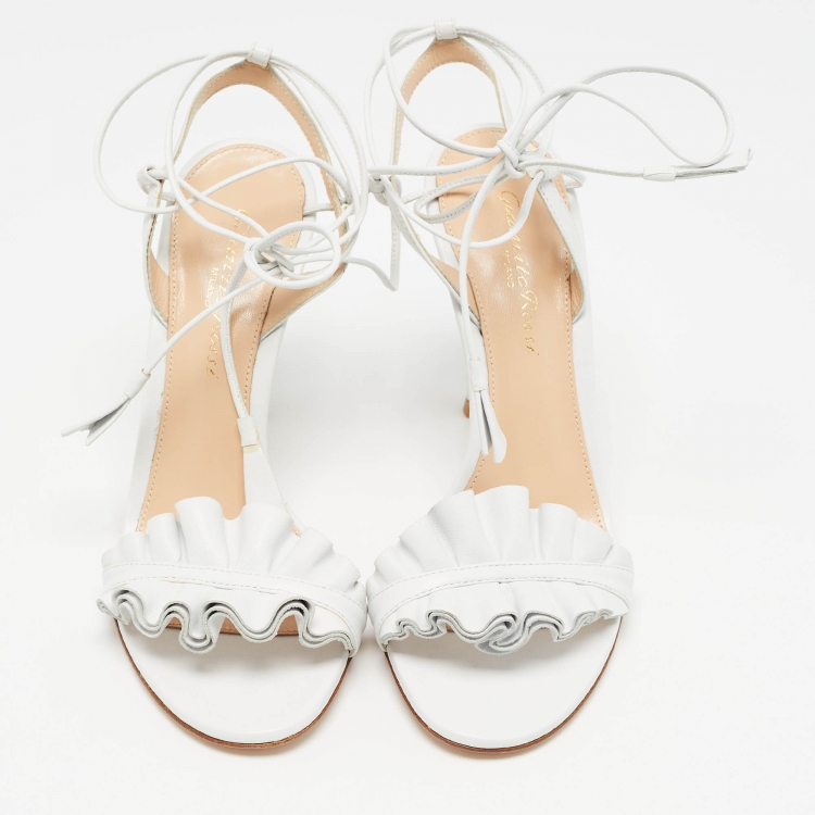 Pre Owned Gianvito Rossi White Ruffled Leather Ankle Wrap Sandals Size 35.5