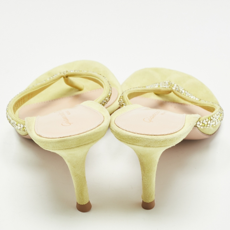 Pre Owned Gianvito Rossi Yellow Crystal Embellished Suede Thong Sandals Size 37