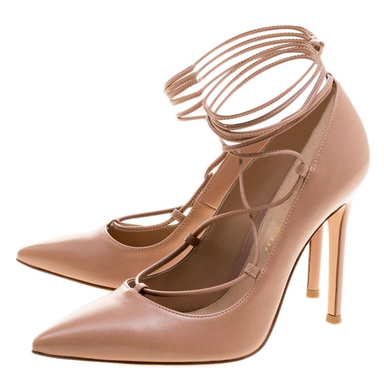Pre Owned Gianvito Rossi Tan Leather Femi Lace Up Pointed Toe Pumps Size 35