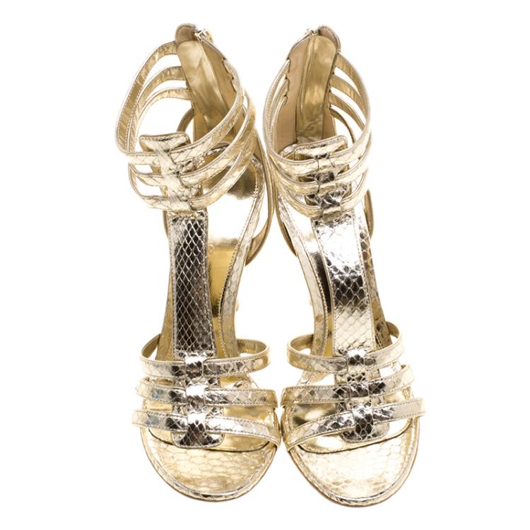 مملوكة مسبقًا Gianvito Rossi Metallic Gold Python Embossed Leather T Strap Sandals Size 37