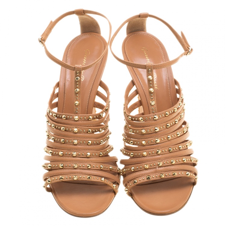 Pre Owned Gianvito Rossi Borwn Leather Studded Ankle Strap Sandals Size 41