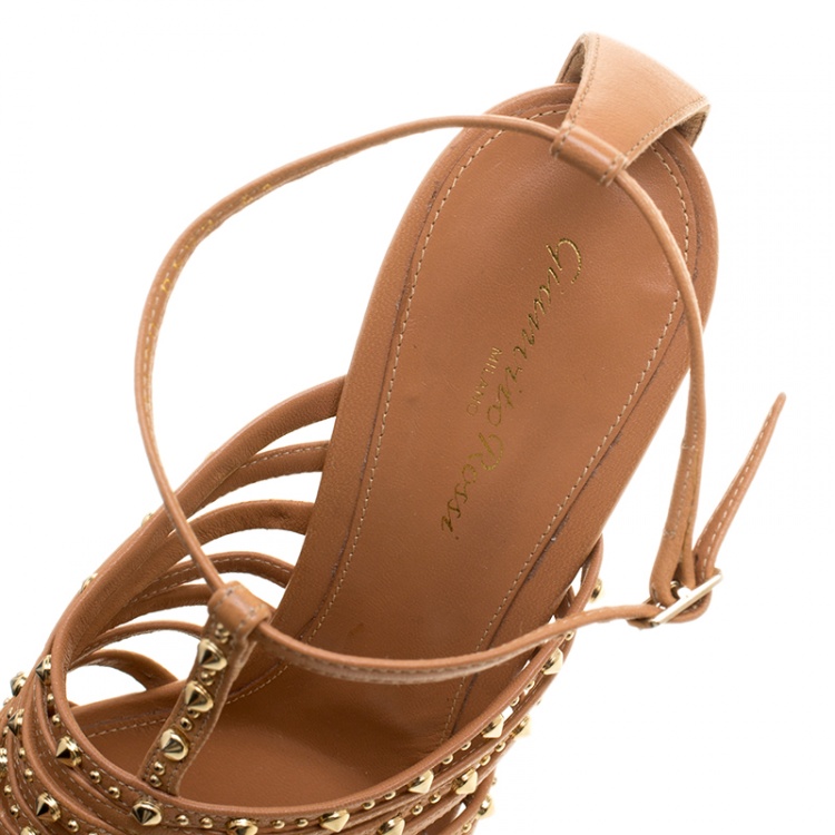 Pre Owned Gianvito Rossi Borwn Leather Studded Ankle Strap Sandals Size 41