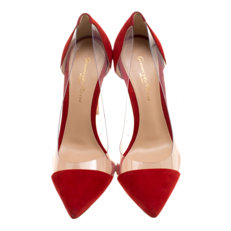Pre Owned Gianvito Rossi Tabasco Red Suede and PVC Plexi Pointed Toe Pumps Size 37