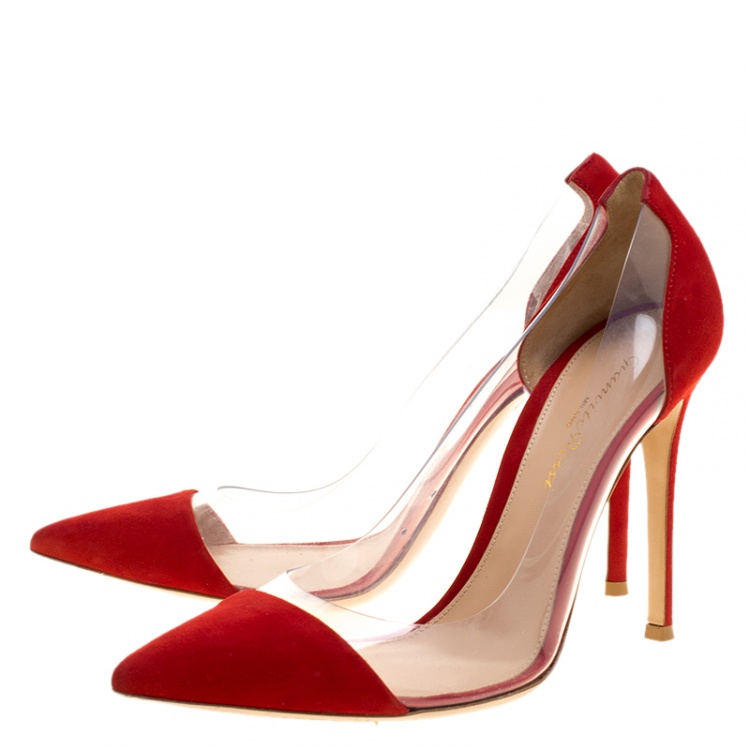 Pre Owned Gianvito Rossi Tabasco Red Suede and PVC Plexi Pointed Toe Pumps Size 37