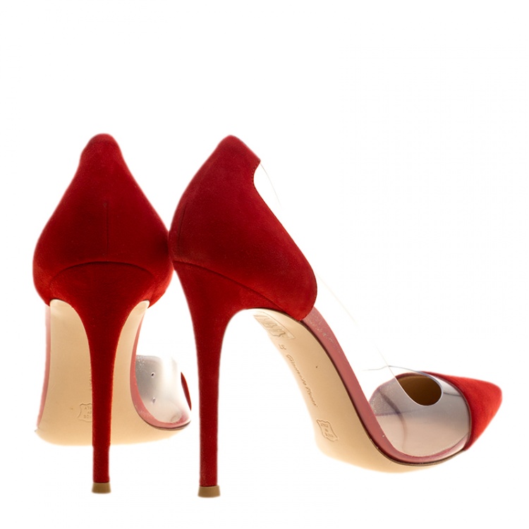 Pre Owned Gianvito Rossi Tabasco Red Suede and PVC Plexi Pointed Toe Pumps Size 37