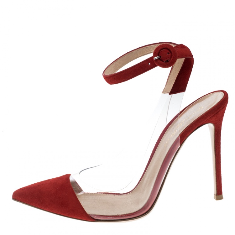 Pre Owned Gianvito Rossi Red Suede and PVC Anise Pointed Toe Ankle Strap Sandals Size 39