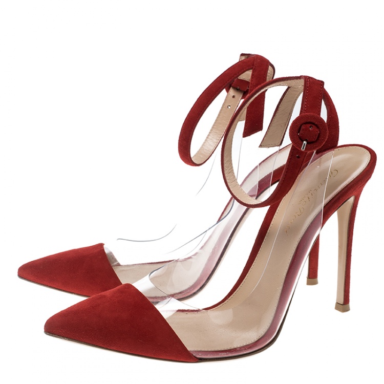 Pre Owned Gianvito Rossi Red Suede and PVC Anise Pointed Toe Ankle Strap Sandals Size 39