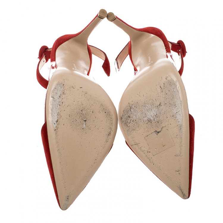 Pre Owned Gianvito Rossi Red Suede and PVC Anise Pointed Toe Ankle Strap Sandals Size 39