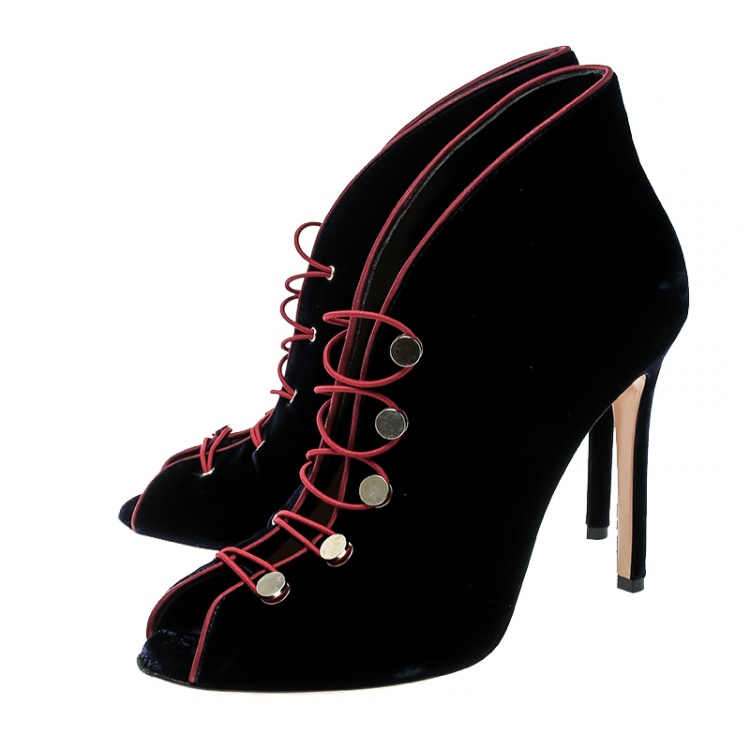 Pre Owned Gianvito Rossi Blue Velvet Miral Open Toe Booties Size 38