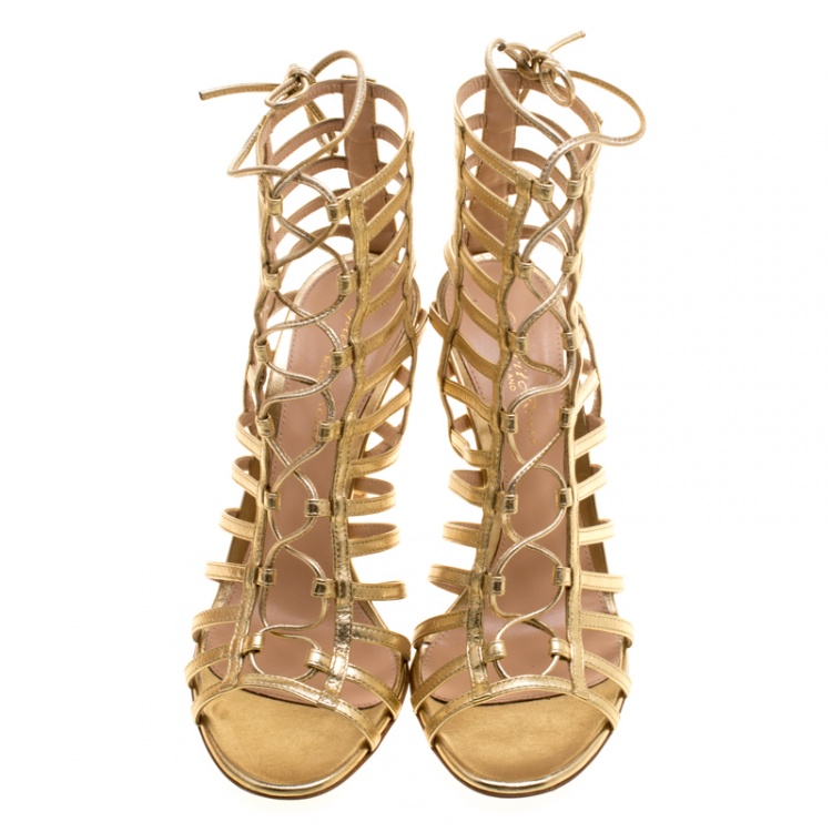 Pre Owned Gianvito Rossi Metallic Gold Leather Roxy Lace Up Caged Sandals Size 38