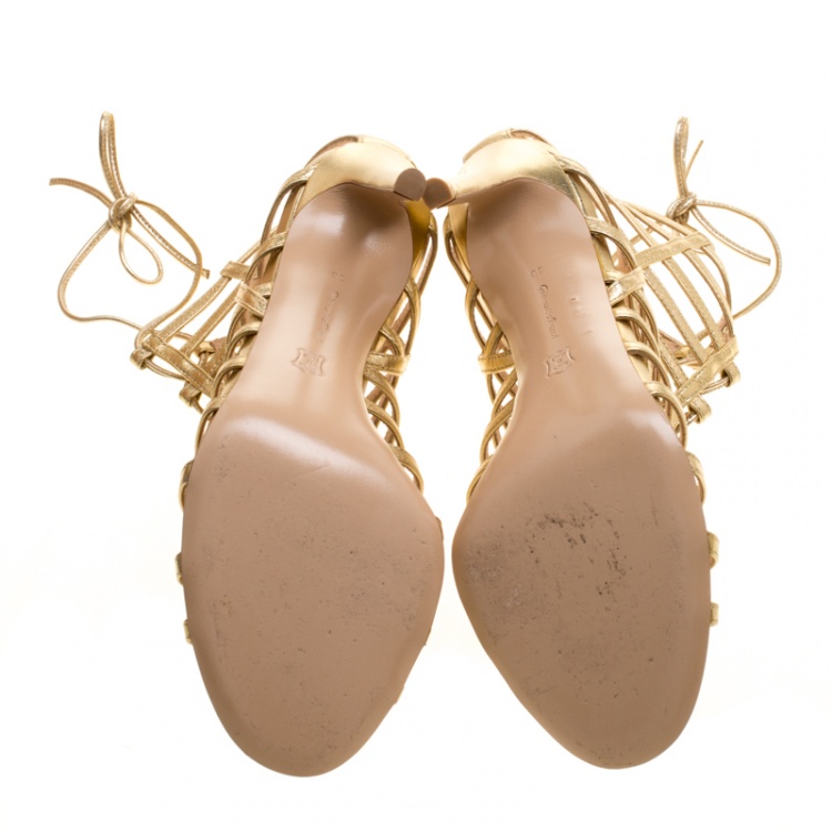 Pre Owned Gianvito Rossi Metallic Gold Leather Roxy Lace Up Caged Sandals Size 38