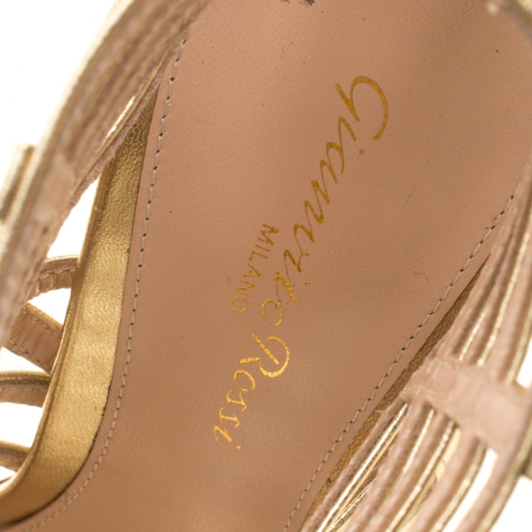 Pre Owned Gianvito Rossi Metallic Gold Leather Roxy Lace Up Caged Sandals Size 38